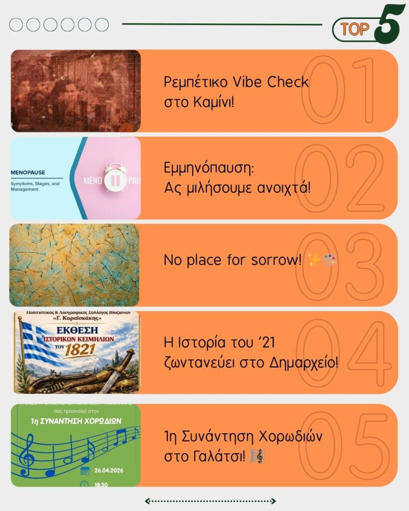 Το TOP 5 της εβδομάδας στον Δήμο Γαλατσίου είναι ξανά εδώ για να οργανώσετε το Σαββατοκύριακό σας