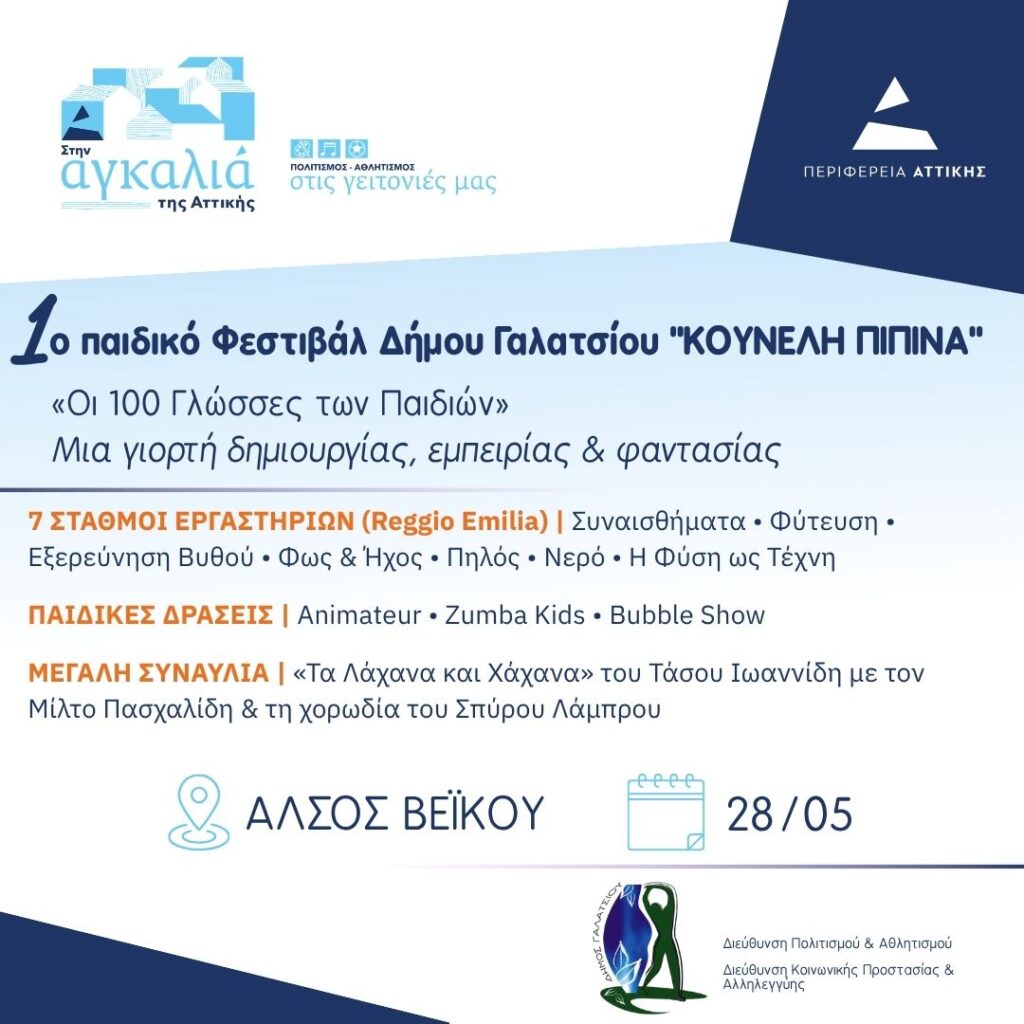 Αύριο, Πέμπτη 28 Μαΐου 2026, στις 18:00, το 1ο Παιδικό Φεστιβάλ Δήμου Γαλατσίου «Κουνέλη Πιπίνα», «Οι 100 γλώσσες των παιδιών», στο Άλσος Βεΐκου